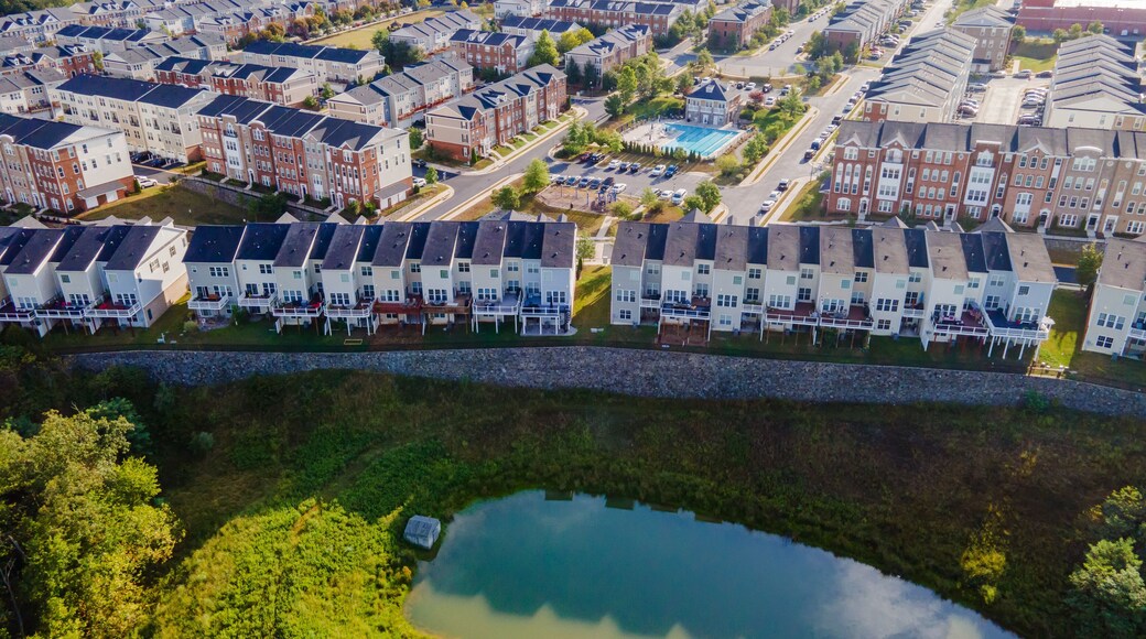 Aerial drone view of residential area of a small town