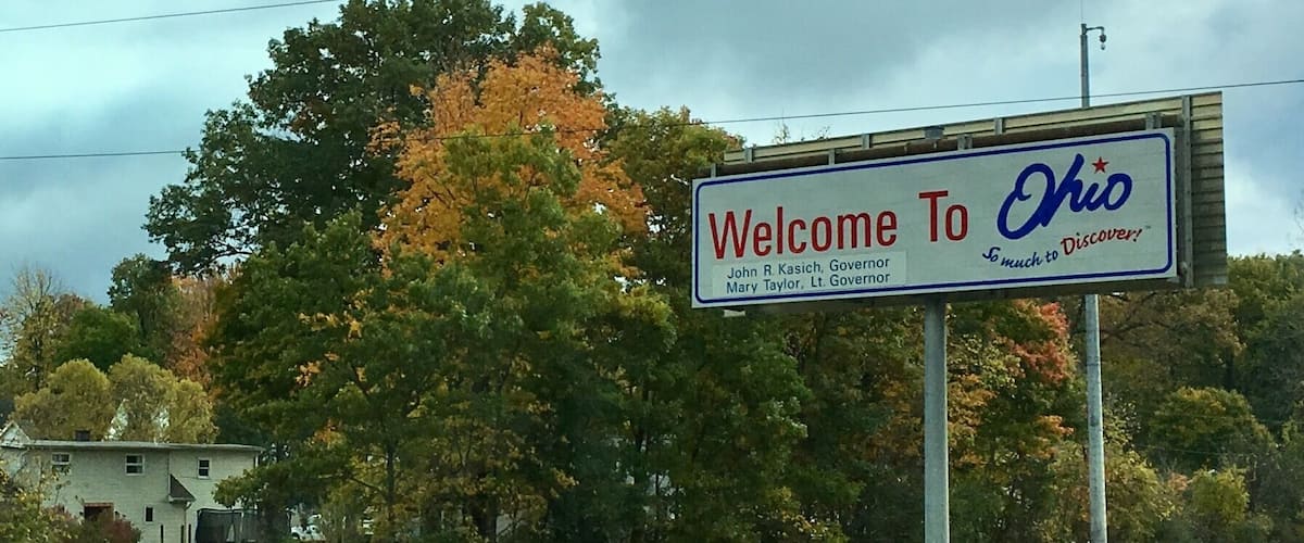 A welcome sign for Ohio with the names of the Governor and Lt. Governor.