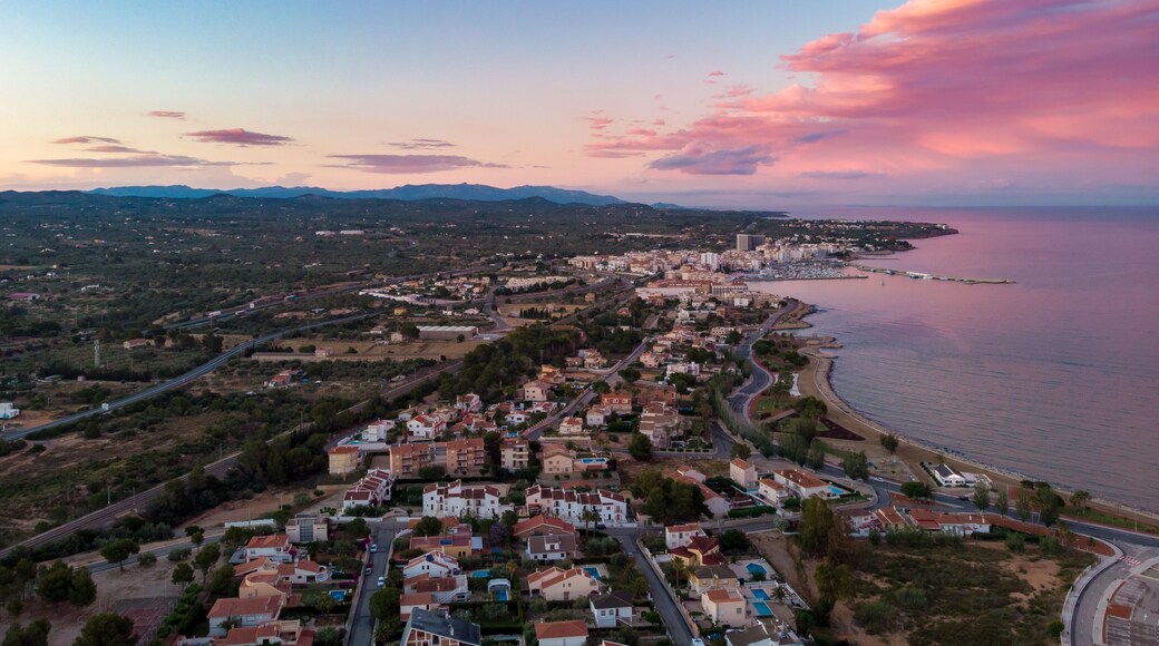 The incredible sunset over L'Ampolla, Catalonia, Spain. Drone aerial photo