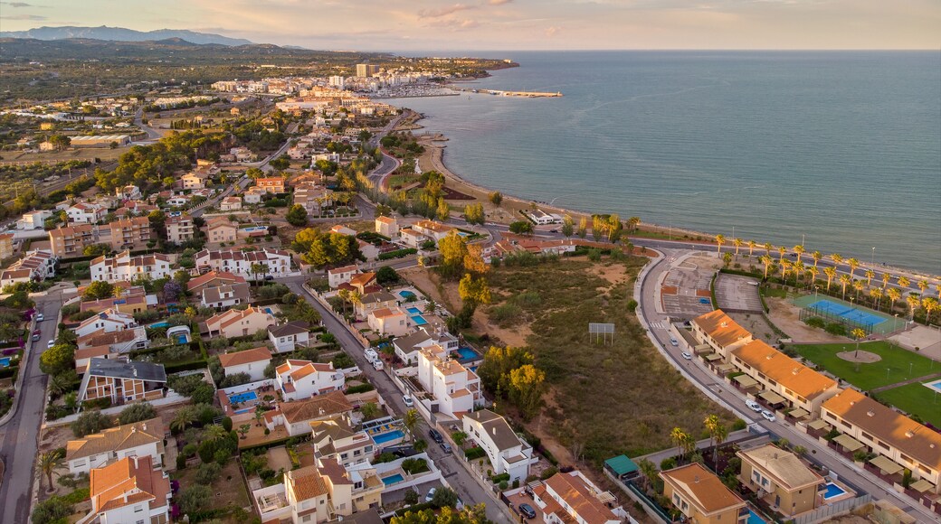 The sunset over L'Ampolla, Catalonia, Spain. Drone aerial photo