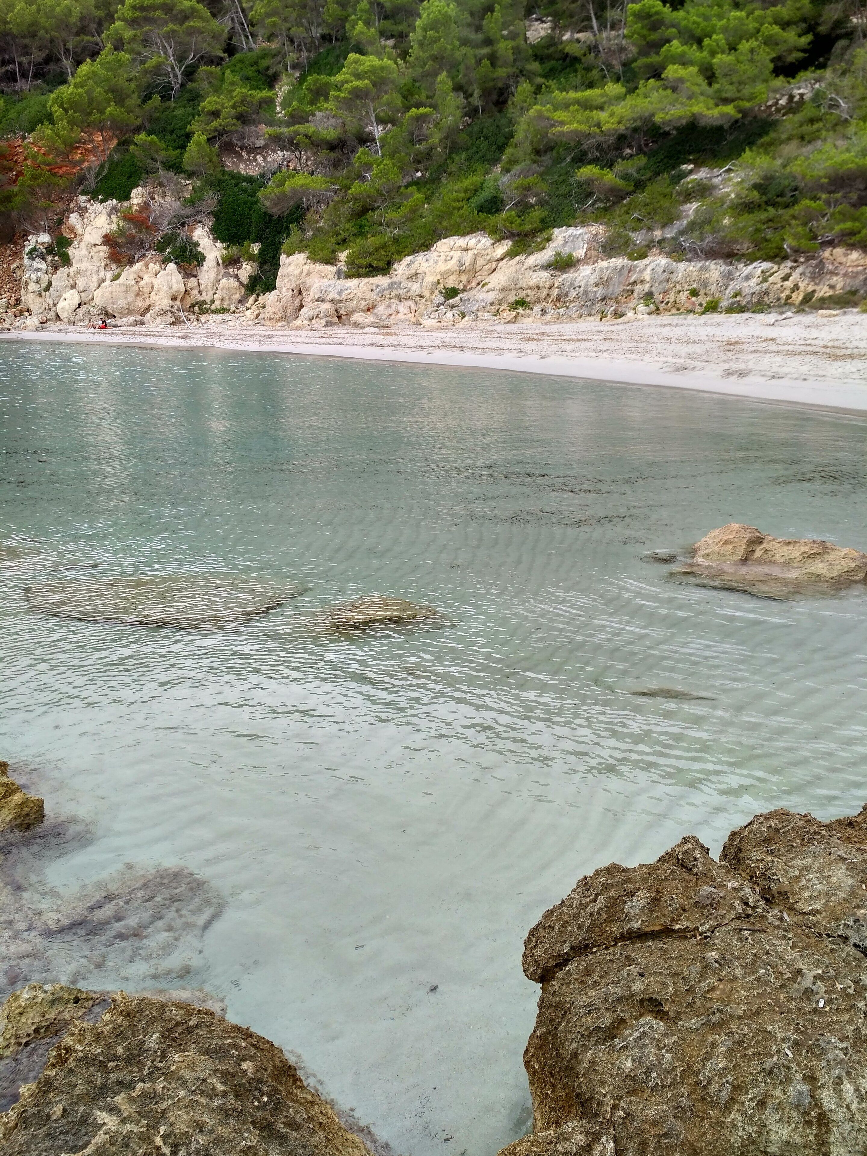 A coastal landscape with clear turquoise waters, rocky formations, and dense green vegetation.