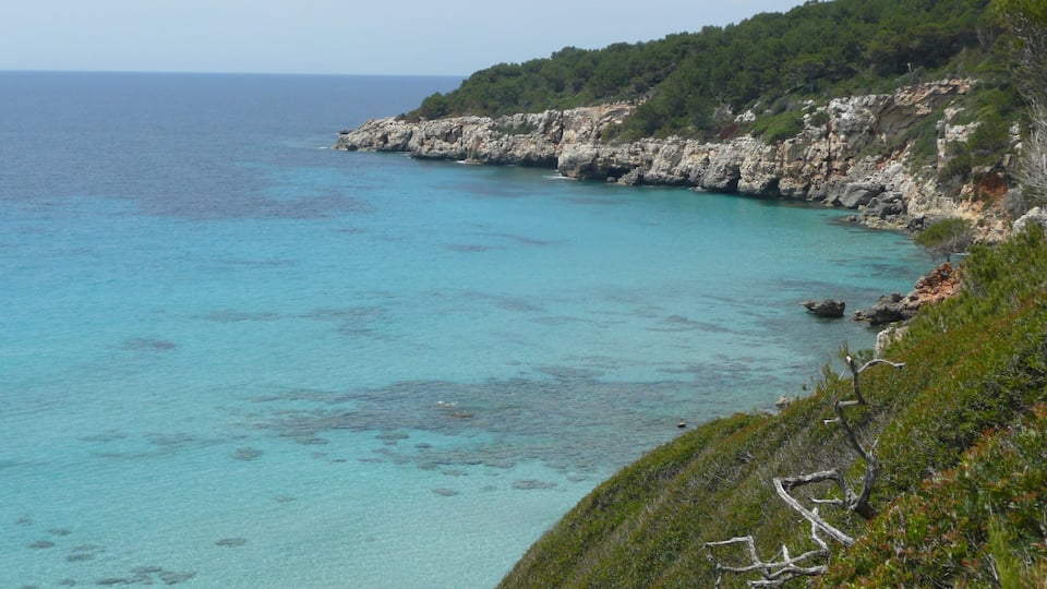 A coastal landscape with clear turquoise waters, rocky cliffs, and dense greenery.