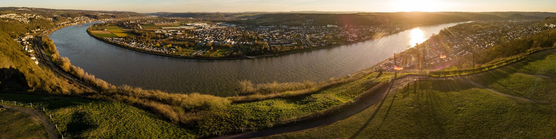The City of Remagen, Erpel, Kripp and the Erpeler Ley and "Ludendorff" bridge in Remagen am Rhein from above / Rhineland Palatinate, Germany