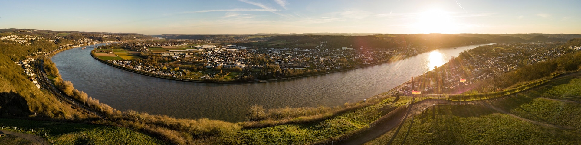 The City of Remagen, Erpel, Kripp and the Erpeler Ley and "Ludendorff" bridge in Remagen am Rhein from above / Rhineland Palatinate, Germany