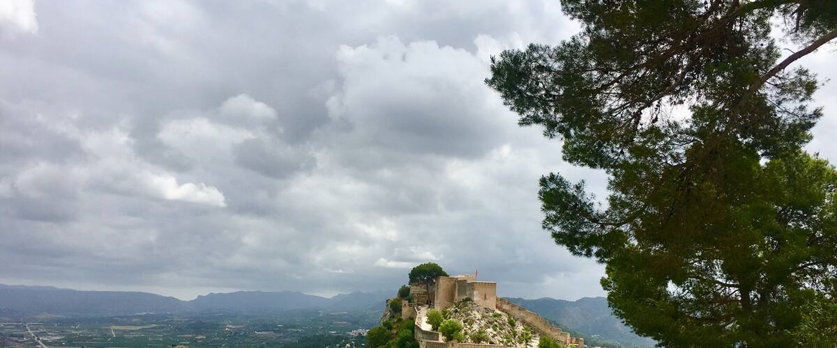 A historic castle on a hill with a surrounding landscape of trees and distant mountains.