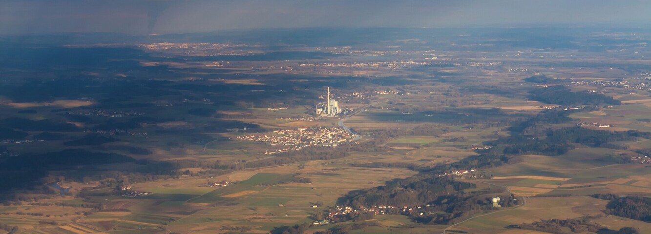 Bird's eye view of Kraftwerk Zolling near Munich, Germany. Taken during flight LH 458, MUC–SFO, in February 2014.