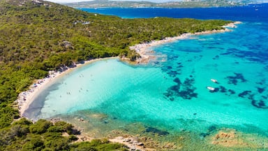 An aerial view of a turquoise coastal area with clear waters, a sandy beach, and lush greenery.