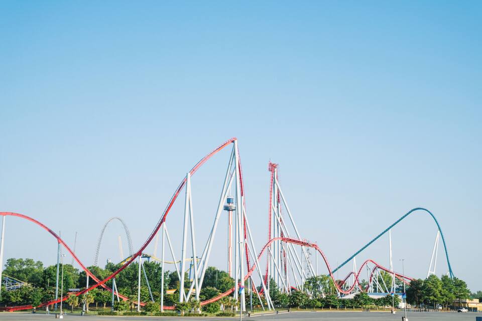 A roller coaster with multiple tracks and loops.
