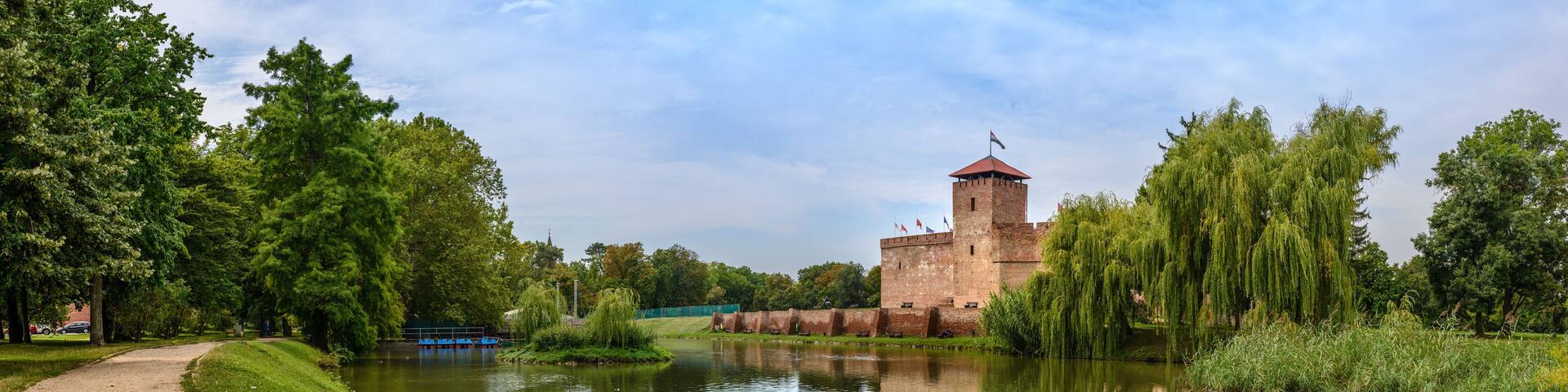 The only remaining brick-built medieval fortress. In front of the castle is a boating lake and a huge willow tree in summer. Big size panorama view, Hungary, Gyula