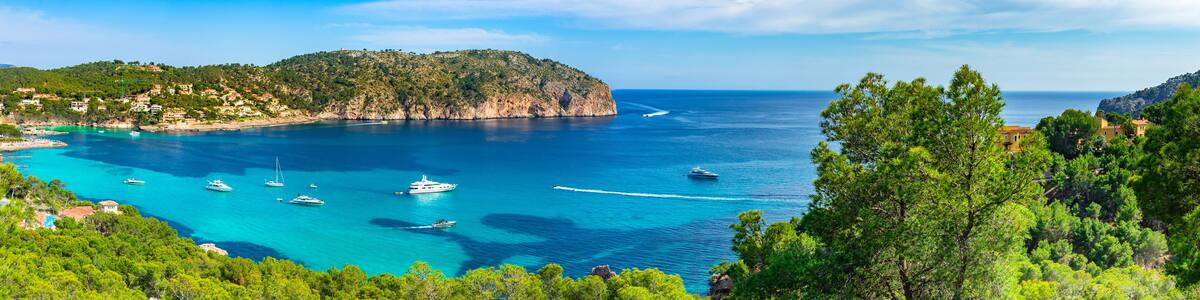 Panorama view of Camp de Mar, beautiful bay coast on Majorca island, Mediterranean Sea Spain