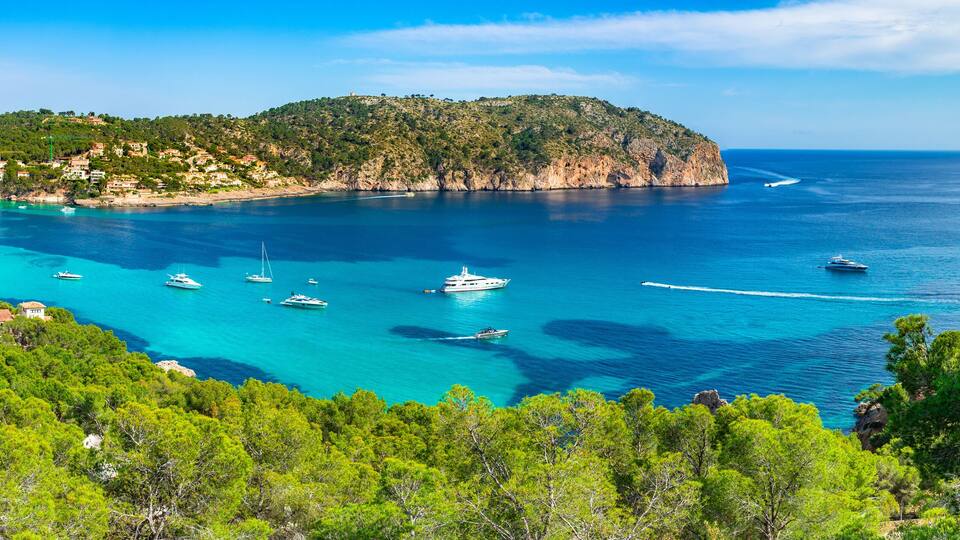 Panorama view of Camp de Mar, beautiful bay coast on Majorca island, Mediterranean Sea Spain
