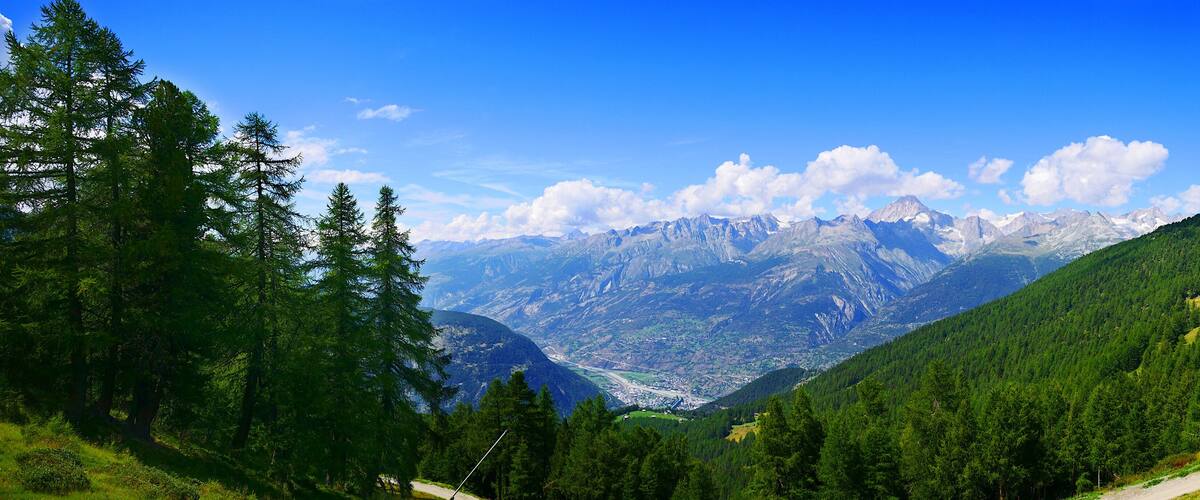 A mountainous landscape with dense forests, a winding road, and a clear blue sky.