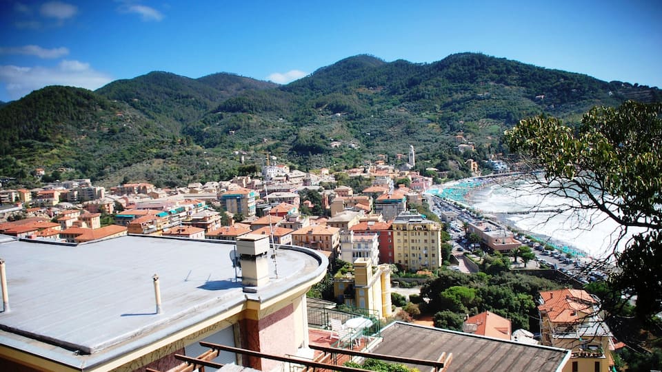 A coastal town with a beach, mountains, and a mix of residential and commercial buildings.