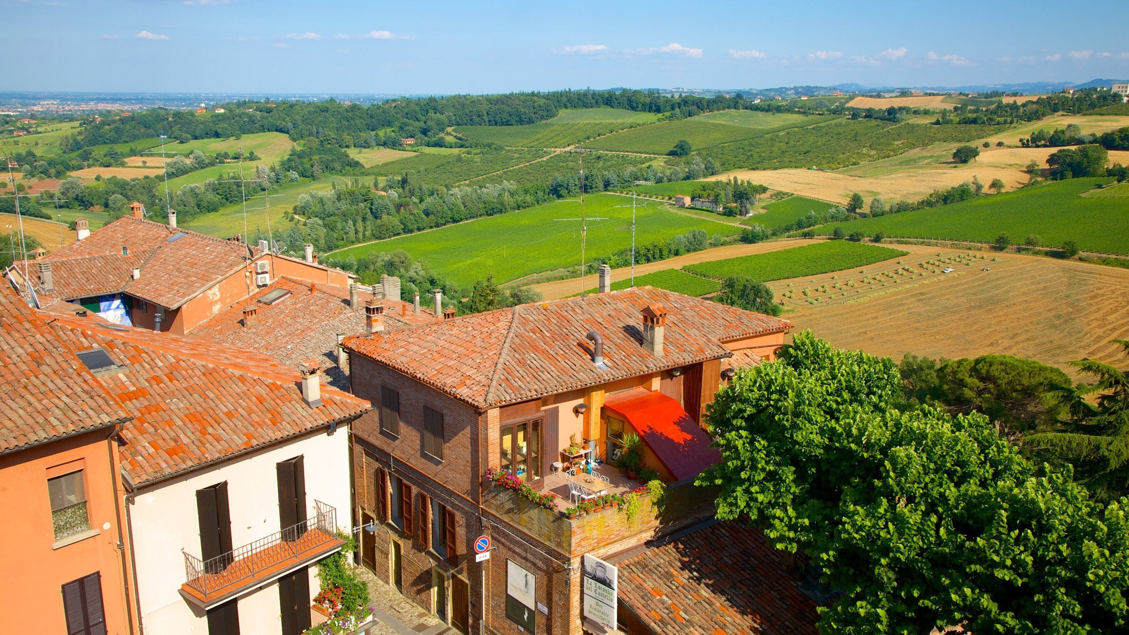 Dozza showing farmland, a small town or village and a house