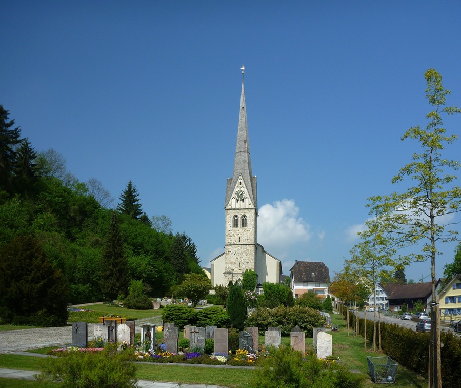 The church in Henau, a part of the Swiss village Uzwil. The church tower is the village's oldest building.