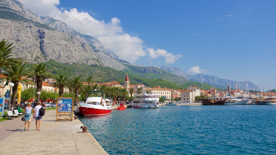 A coastal town with boats docked, palm trees, and a mountainous backdrop.