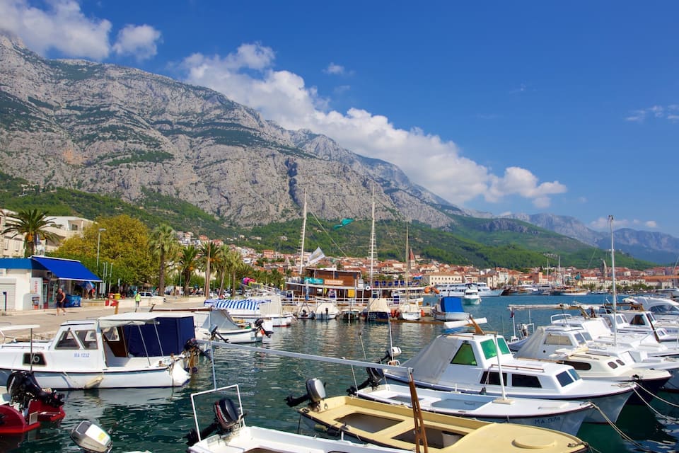 A marina with boats docked, a town with buildings, and mountains in the background.