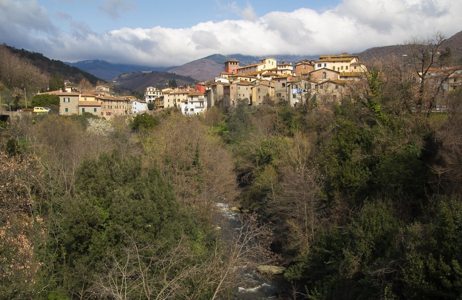 A mountainous village with buildings nestled among trees and a flowing river.