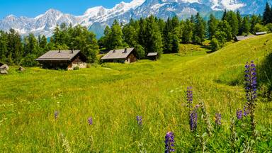 A mountainous landscape with snow-capped peaks, green fields, and traditional wooden houses.