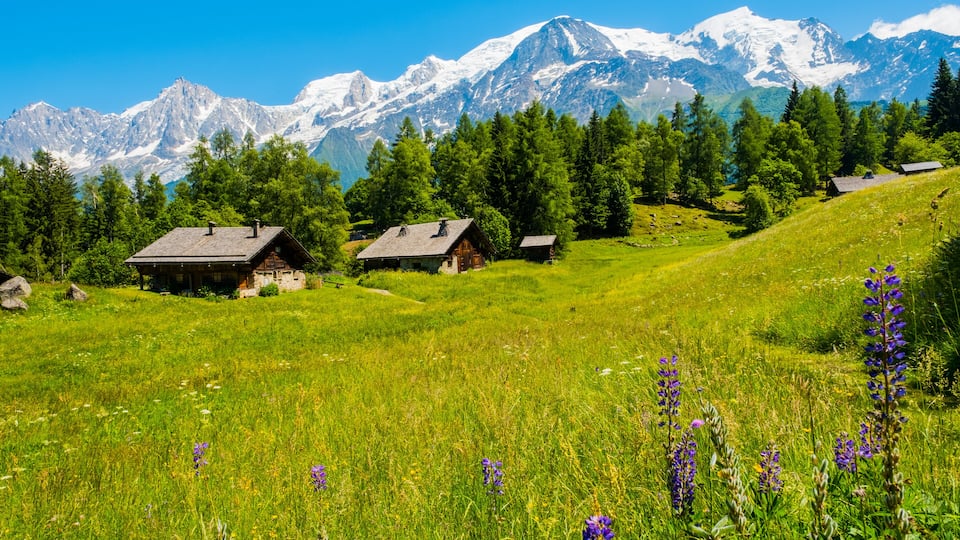 A mountainous landscape with snow-capped peaks, green fields, and traditional wooden houses.