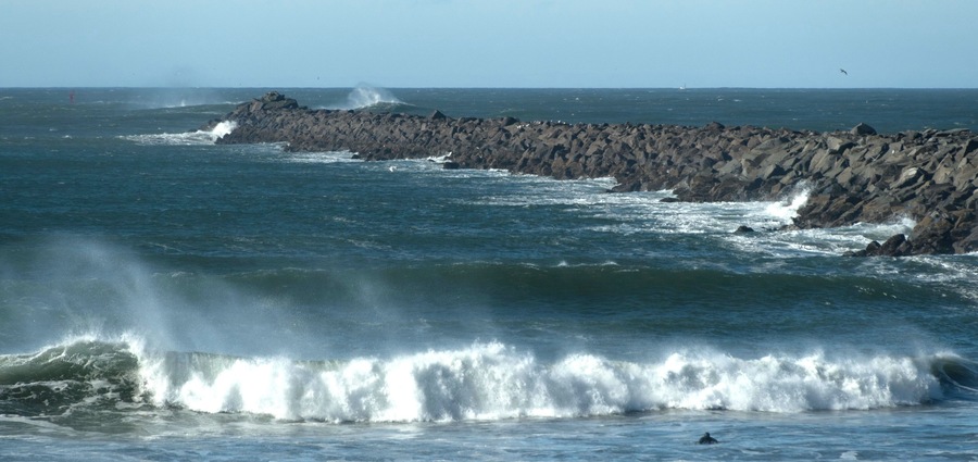 Una costa rocosa con olas rompiendo contra las rocas.