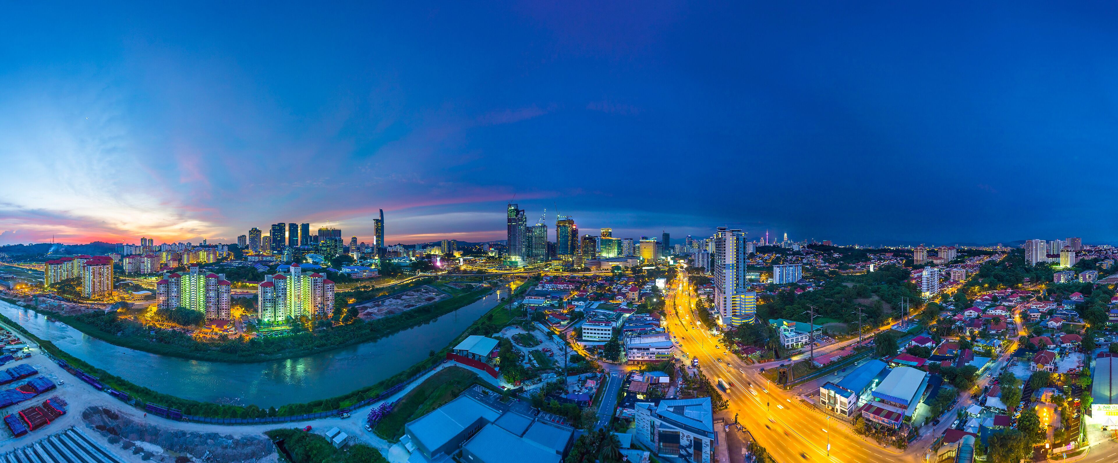 Aerial panorama cityscape of Kuala Lumpur,Malaysia(Old Klang Road). Drone shot. River of live