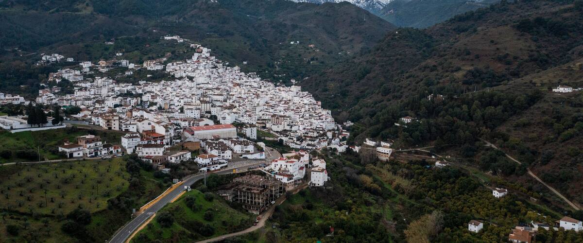 Aerial view of Tolox township among the mountains, Malaga, Andalusia, Spain.