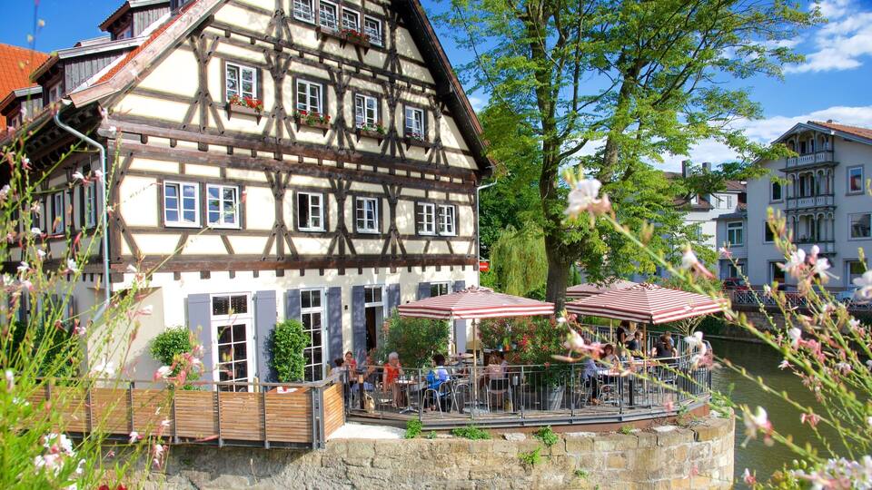 A traditional half-timbered house with a balcony overlooking a river, surrounded by lush greenery and other buildings.