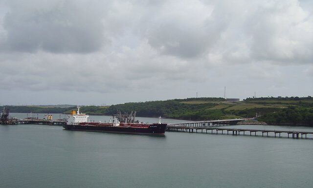 Texaco pier. Baltic wave at one of the piers for the Texaco refinery.