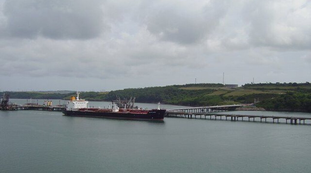 Texaco pier. Baltic wave at one of the piers for the Texaco refinery.