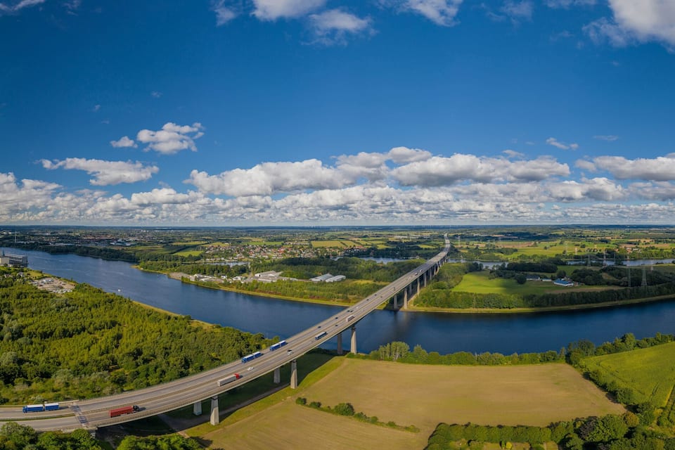 A river, a bridge, and a highway.