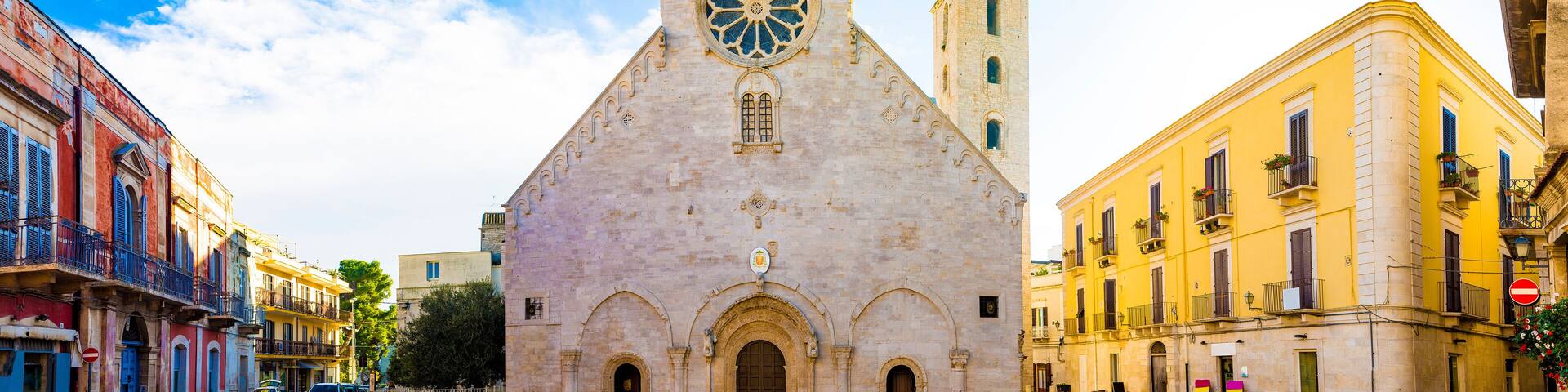 12th century, 13th century, ancient, antique, apulia, architecture, bari, blue, building, cathedral, catholic, christian, church, city, clear sky, day, door, entrance, europe, european, exterior, faca