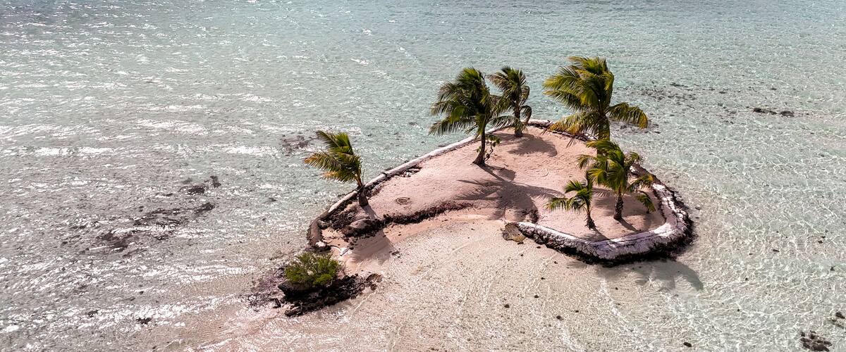 A small island with clear turquoise water and palm trees.