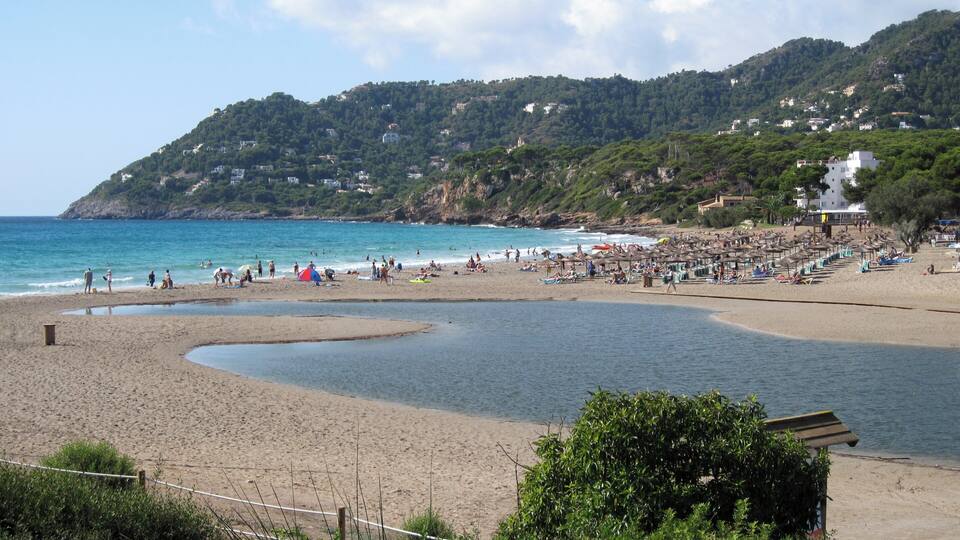 A beach with a curved water body, surrounded by hills with houses.