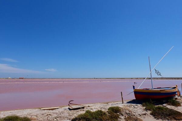 Ein Boot auf einer rosa Salzwüste unter blauem Himmel.