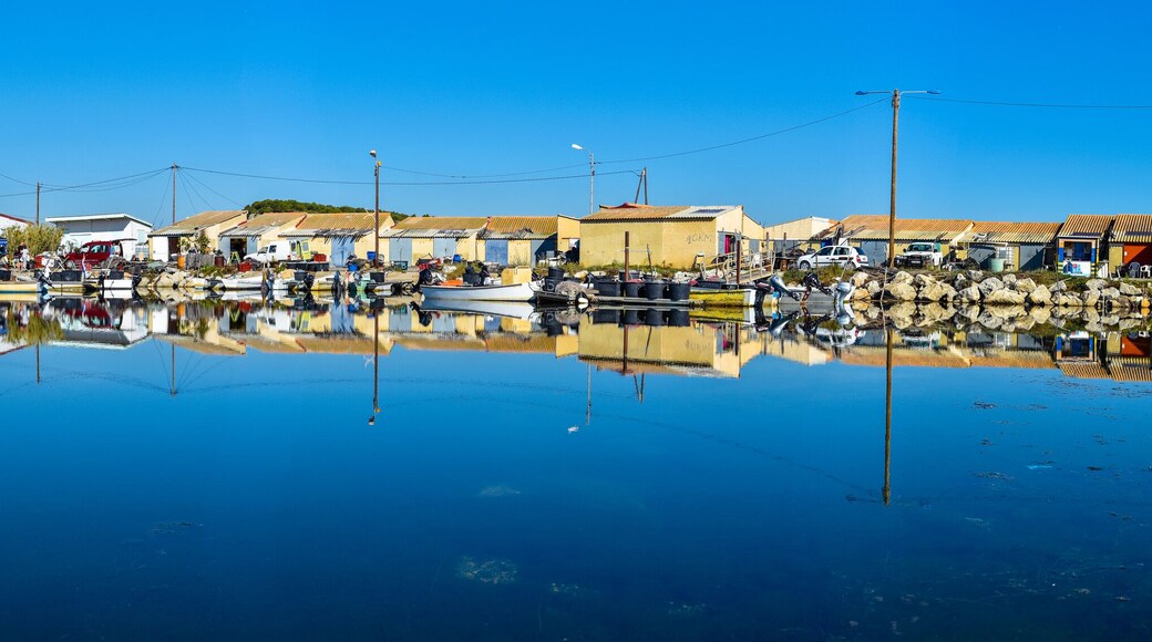 Panoramic view at Fishers village in the border of Ayroll Laguna, Narbone region of French Occitanie.