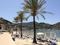 A beach with palm trees, sun loungers, and a rocky shoreline.
