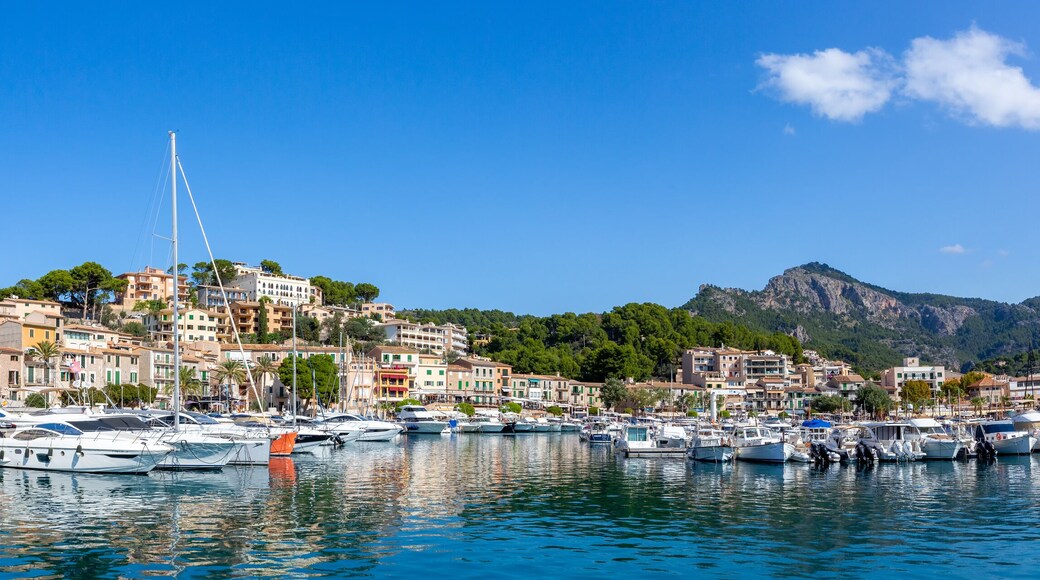 Port de Soller town on Mallorca marina with boats travel traveling holidays vacation panorama in Spain