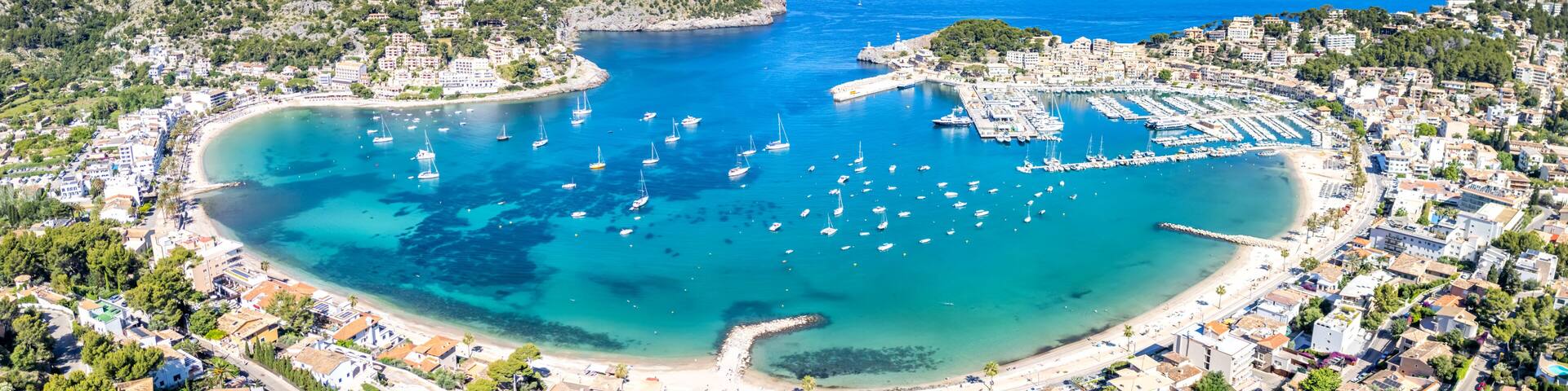 Port de Soller on Mallorca island aerial view photo from above panorama marina with boats holiday by the sea beach in Spain