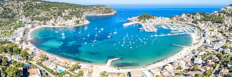 Port de Soller on Mallorca island aerial view photo from above panorama marina with boats holiday by the sea beach in Spain
