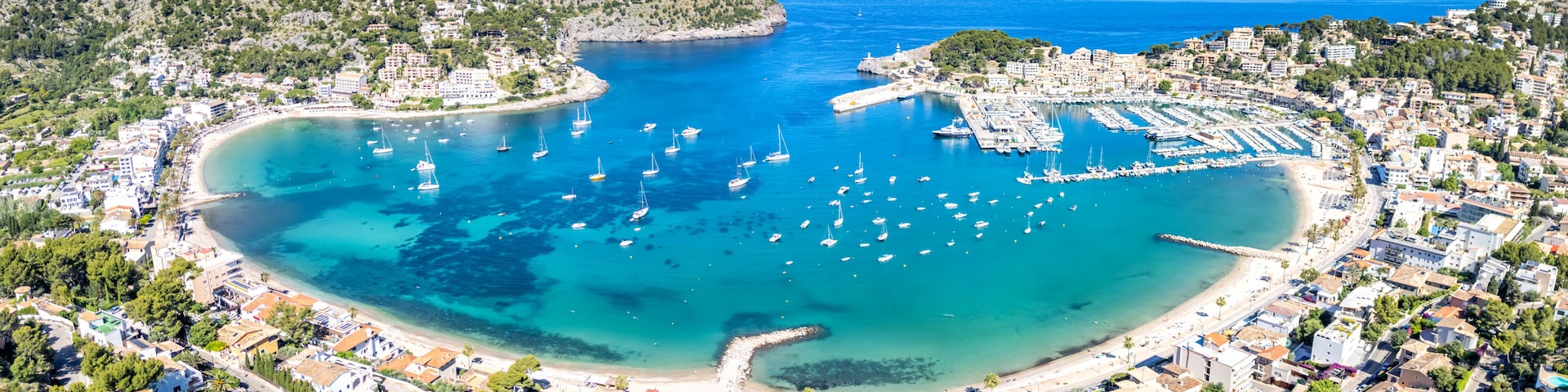 Port de Soller on Mallorca island aerial view photo from above panorama marina with boats holiday by the sea beach in Spain