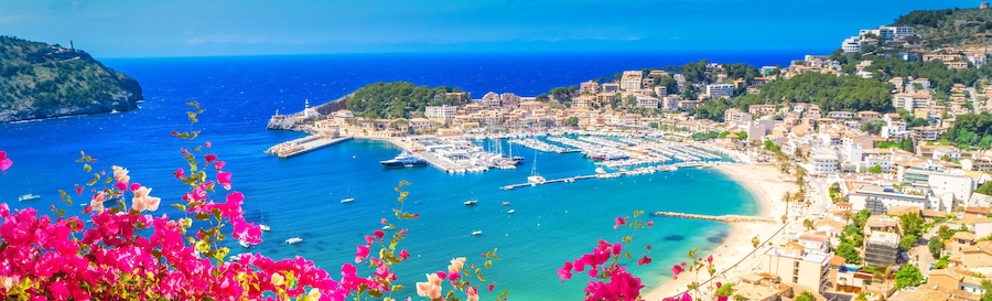 view of Port Soller harbour from above, Mallorca at summer with flowers, Spain, web banner