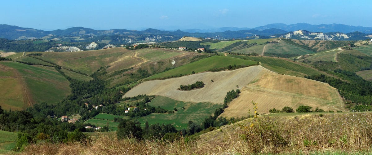 Panorama view of Parco dei Gessi. Farneto, San Lazzaro di Savena, Bologna, Italy