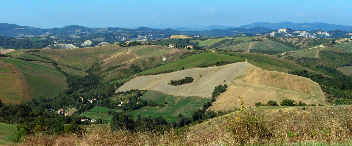 Rolling hills with scattered houses and a distant mountain range.