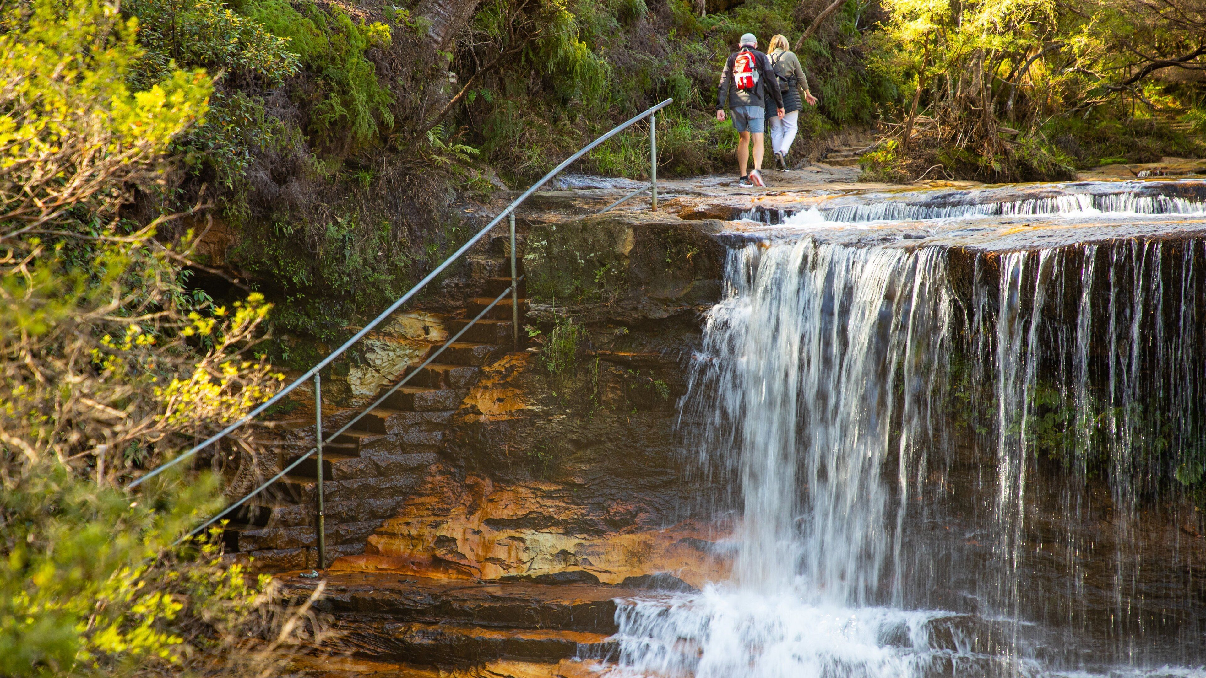 A waterfall cascading over a rocky ledge with a metal railing and a couple standing at the top.