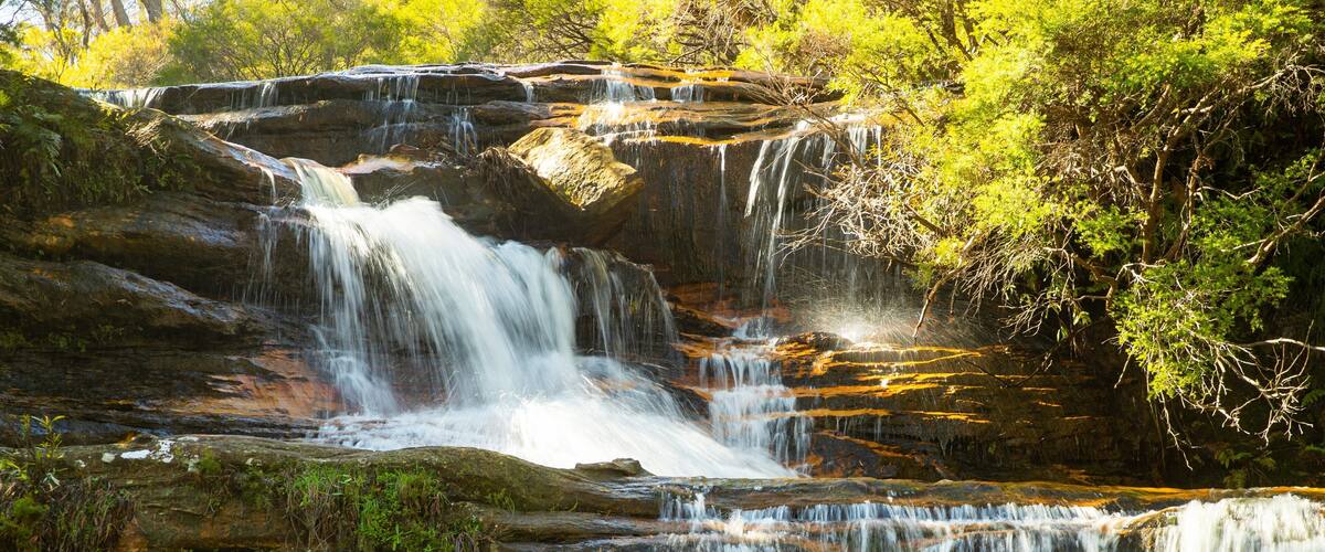 Una cascada escalonada rodeada de exuberante vegetación.