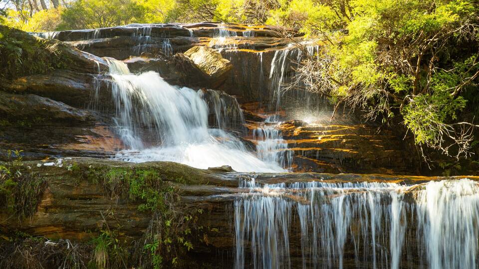 A multi-tiered waterfall surrounded by lush greenery.
