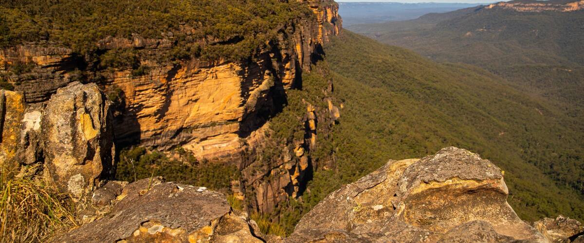 A rugged cliff with a steep drop, surrounded by dense green forest and distant mountains under a clear sky.