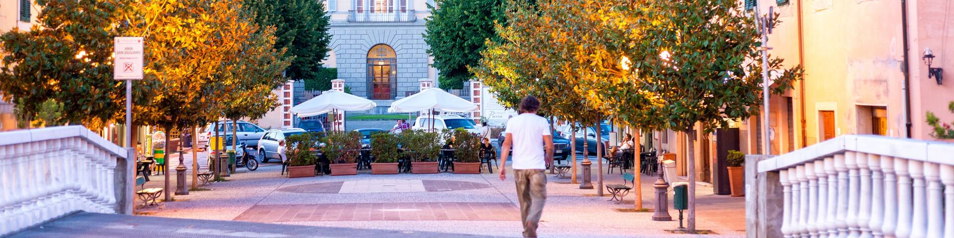 SAN GIULIANO TERME, ITALY - AUGUST 17, 2015: Town Square in front of Thermal building. San Giuliano is a famous thermal destination in Tuscany