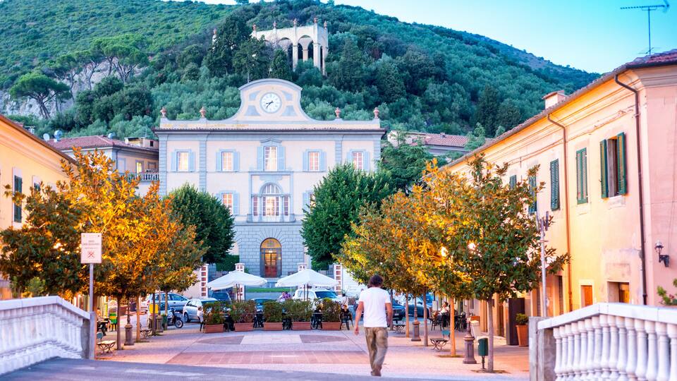 A town square with a prominent building featuring a clock tower, surrounded by trees and cafes.
